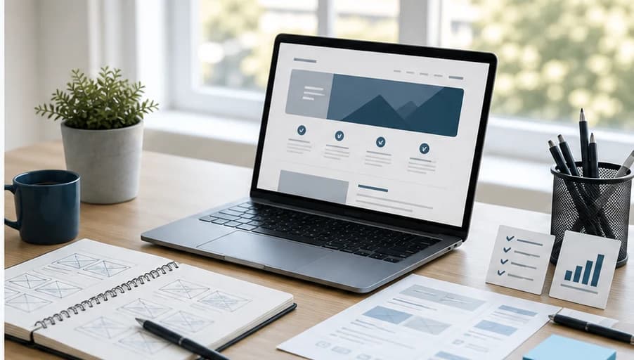 Moderner Arbeitsplatz für Website-Relaunch mit Laptop, Wireframes und Analyse-Unterlagen