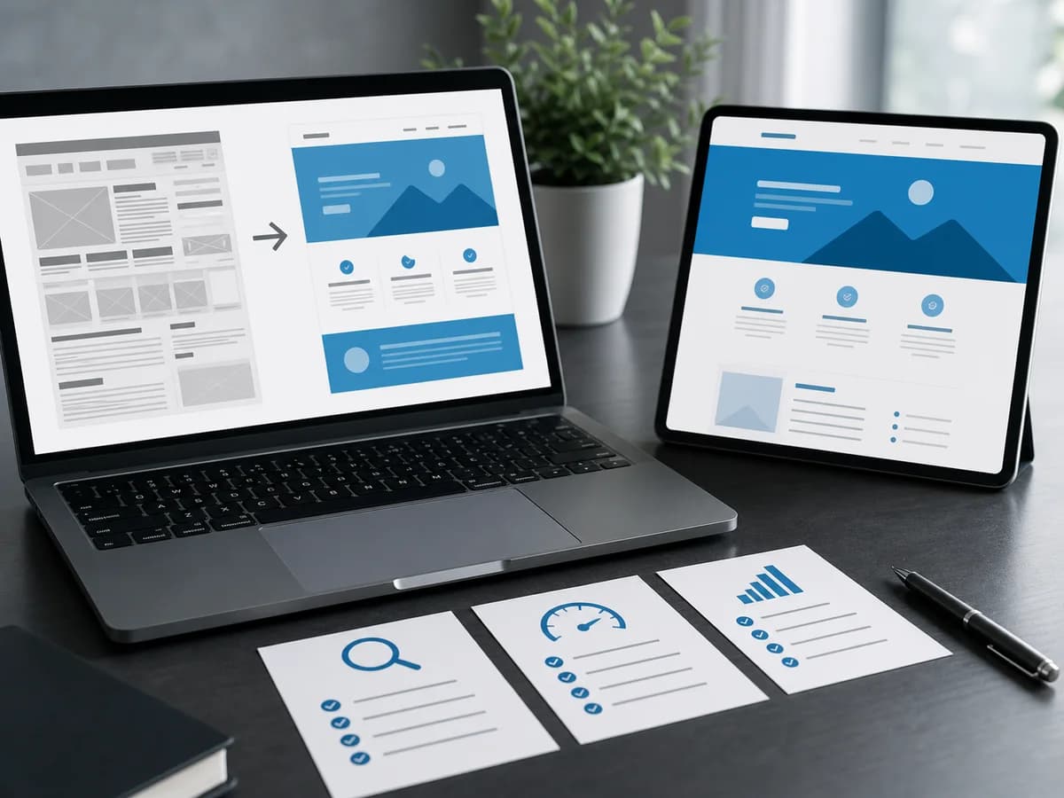 Abstrakte Vorher-Nachher-Ansicht eines Website-Relaunchs auf Laptop und Tablet